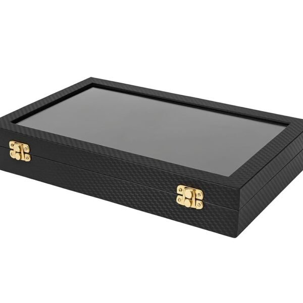 Elegant wooden jewelry display case with glass top for displaying and storing 100 rings.