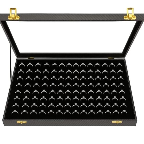 Open wooden ring organizer box with 100 soft ring slots for jewelry storage.