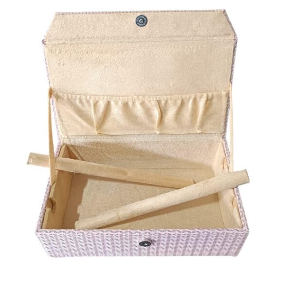 Velvet-lined bangle organizer with ring rolls and elastic storage pocket.