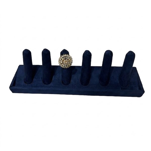 velvet 6-slot ring display stand for jewelry store display with decorative pearl ring showcased on soft velvet holder.
