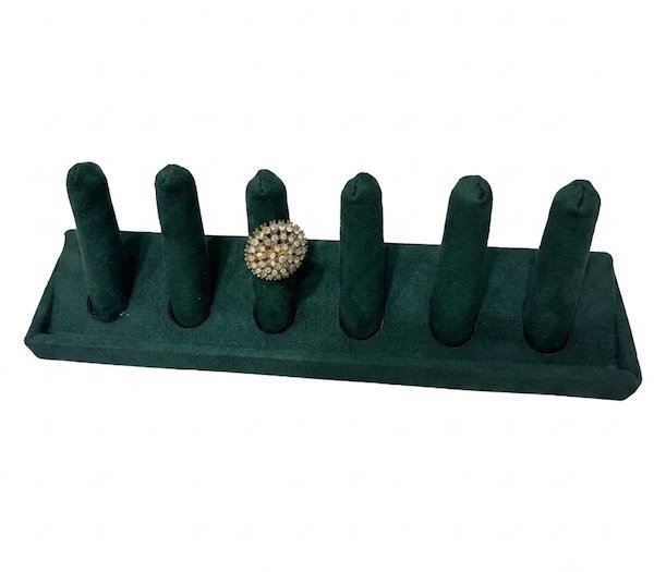velvet 6-slot ring display stand for jewelry store display with decorative pearl ring showcased on soft velvet holder.