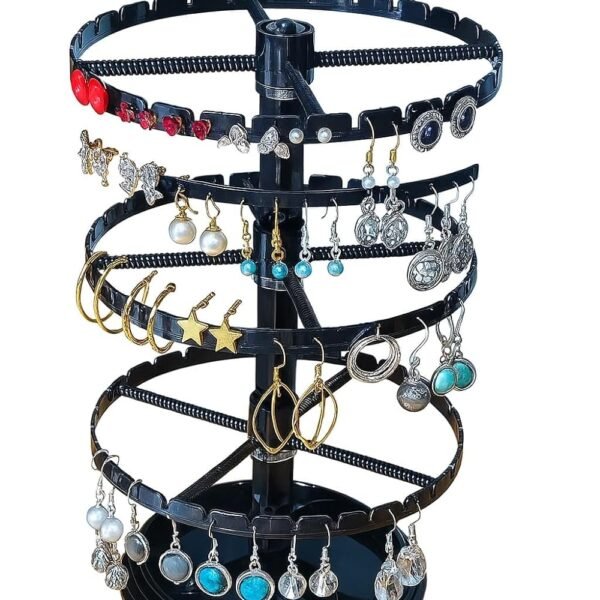 Black plastic 360-degree rotating 3-tier earring display stand with circular slotted rings for organizing and showcasing stud, hoop, hook, drop, and dangle earrings.