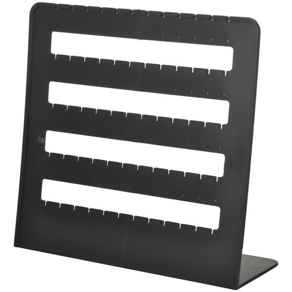 Black plastic 4-row jewelry display tray with precision slots and holes for organizing and displaying stud, hook, drop, and dangle earrings.