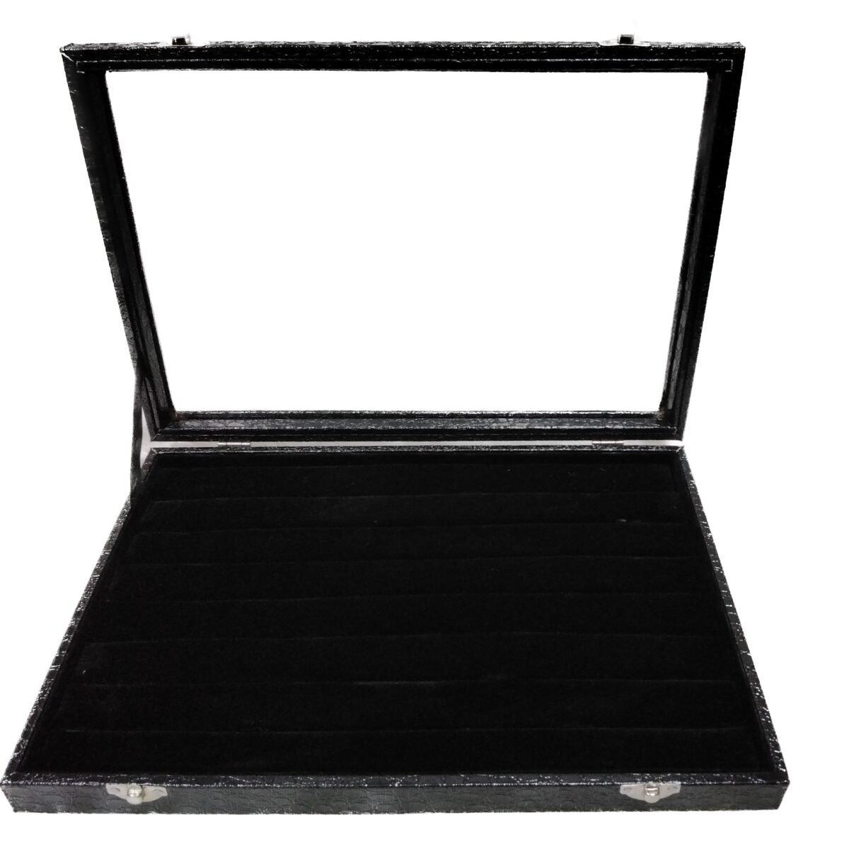 Wooden ring display box with clear glass lid holding 100 rings for jewelry storage and display.