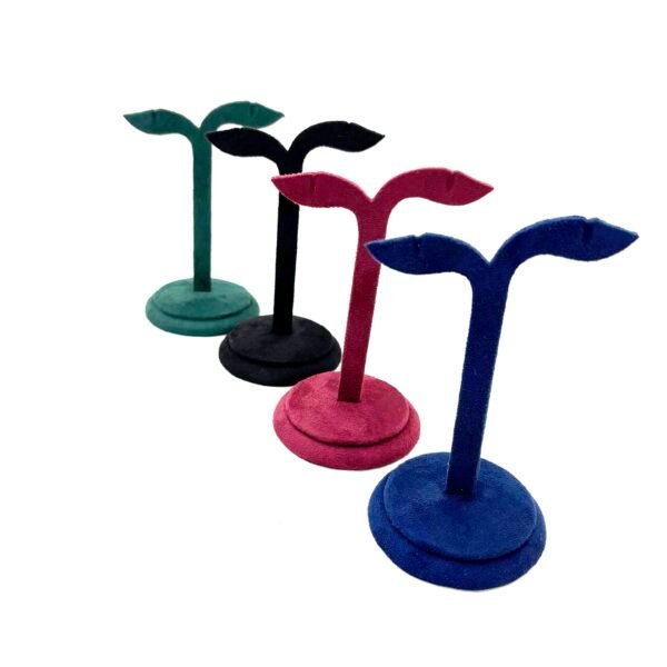 Premium velvet leaf design earring display stand with round base available in green, black, blue and peacock colors.