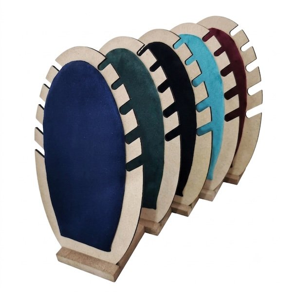 Premium MDF jewelry display stand with suede velvet surface for displaying necklaces, chains, pendants, and fashion jewelry.
