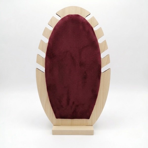 Premium MDF jewelry display stand with suede velvet surface for displaying necklaces, chains, pendants, and fashion jewelry.