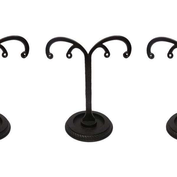 Black plastic 4-hole earrings display stand with round base for jewelry shop display.