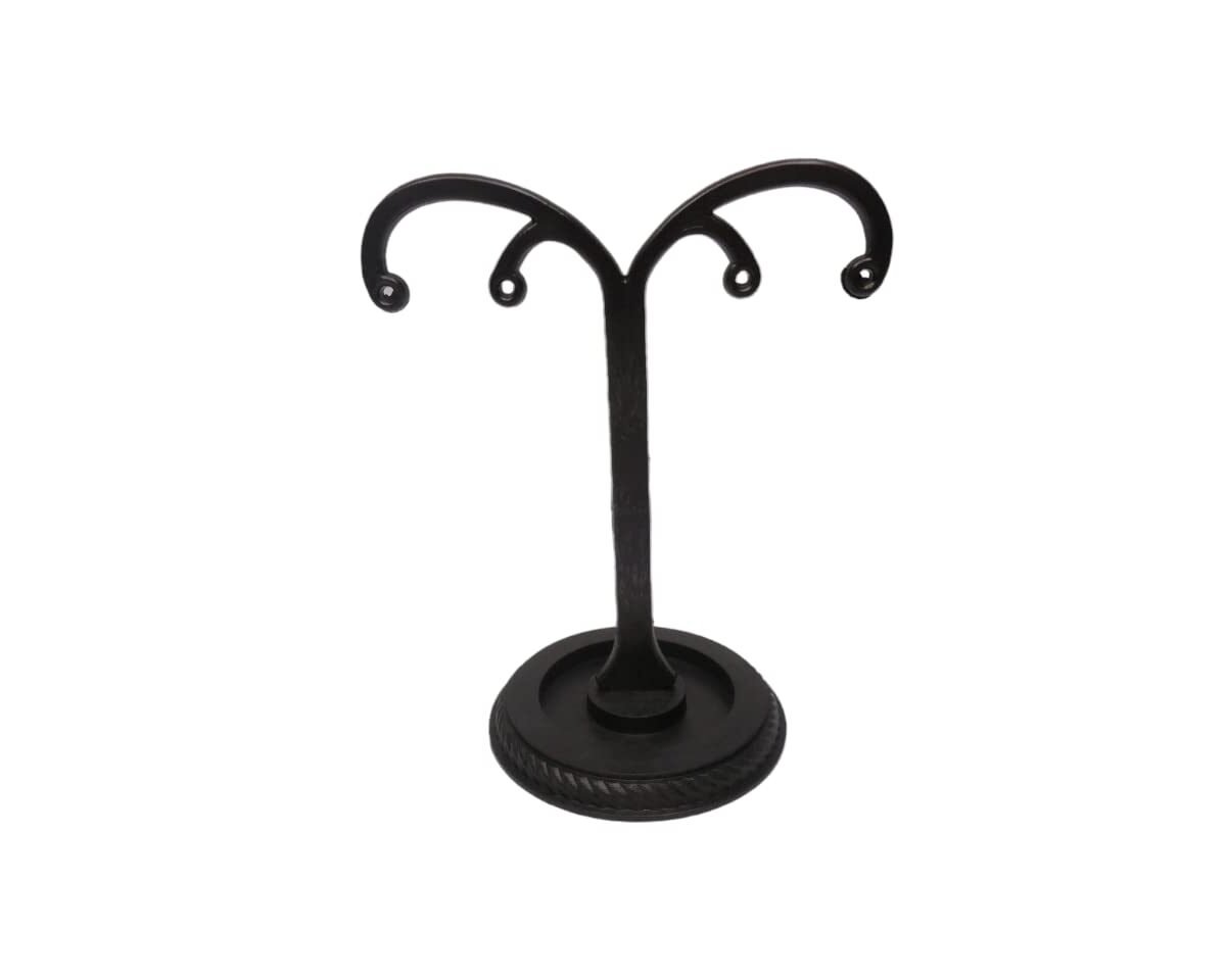 Black plastic 4-hole earrings display stand with round base for jewelry shop display.