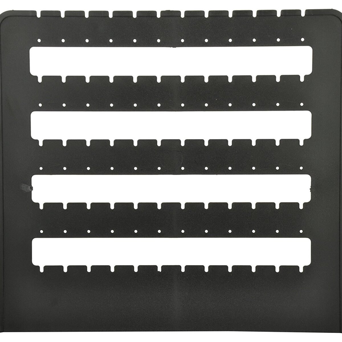 Black plastic 4-row jewelry display tray with precision slots and holes for organizing and displaying stud, hook, drop, and dangle earrings.